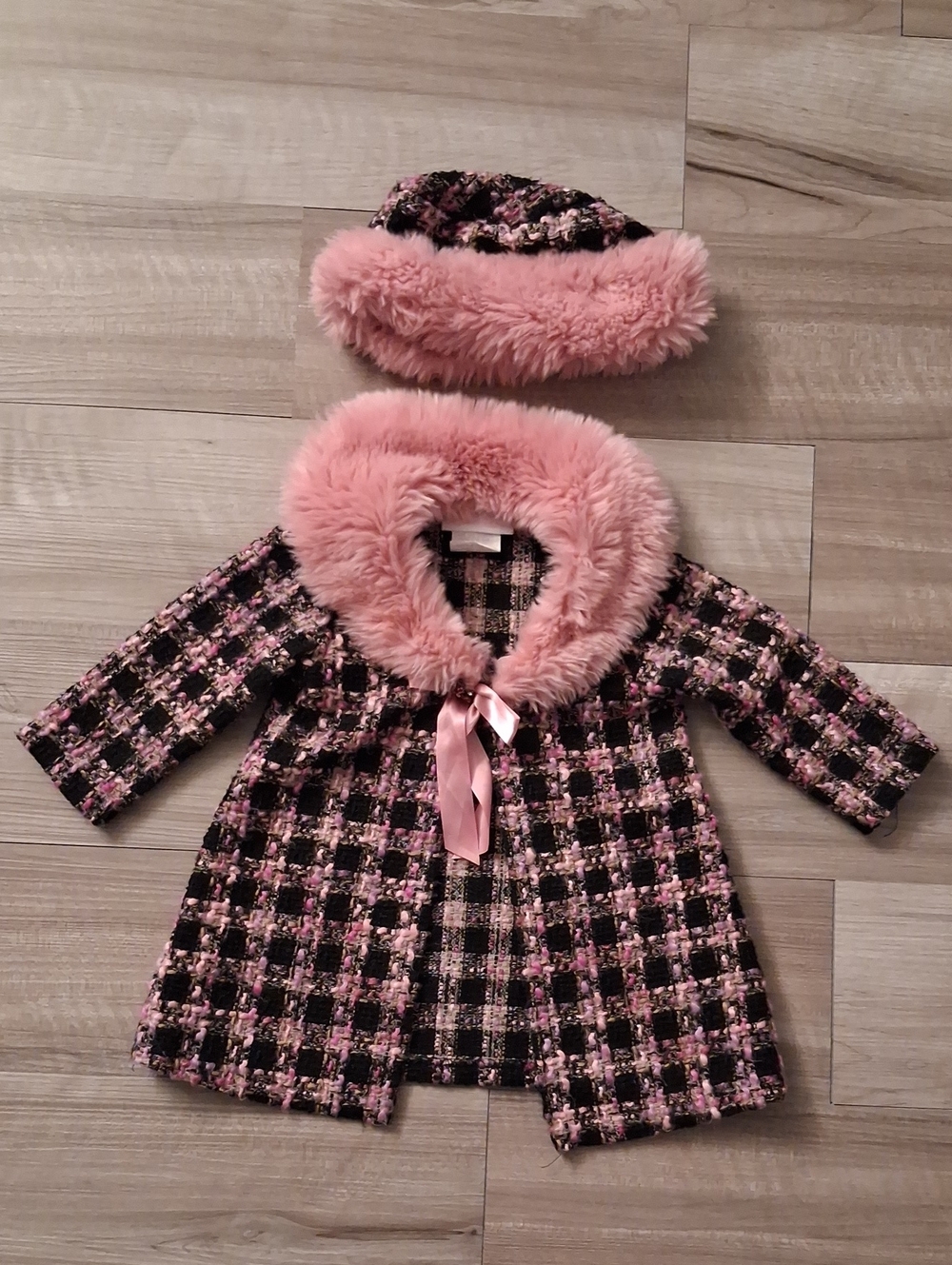 Bonnie Baby Plaid Coat Faux-Fur Collar Matching Hat Vintage Size 12 Months (O)